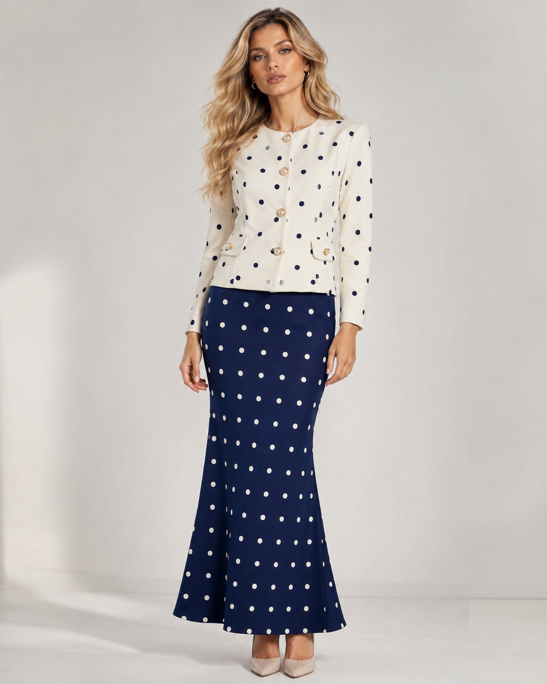 Compleu Elegant cu Buline — Taior Chanel și Fustă — Iris