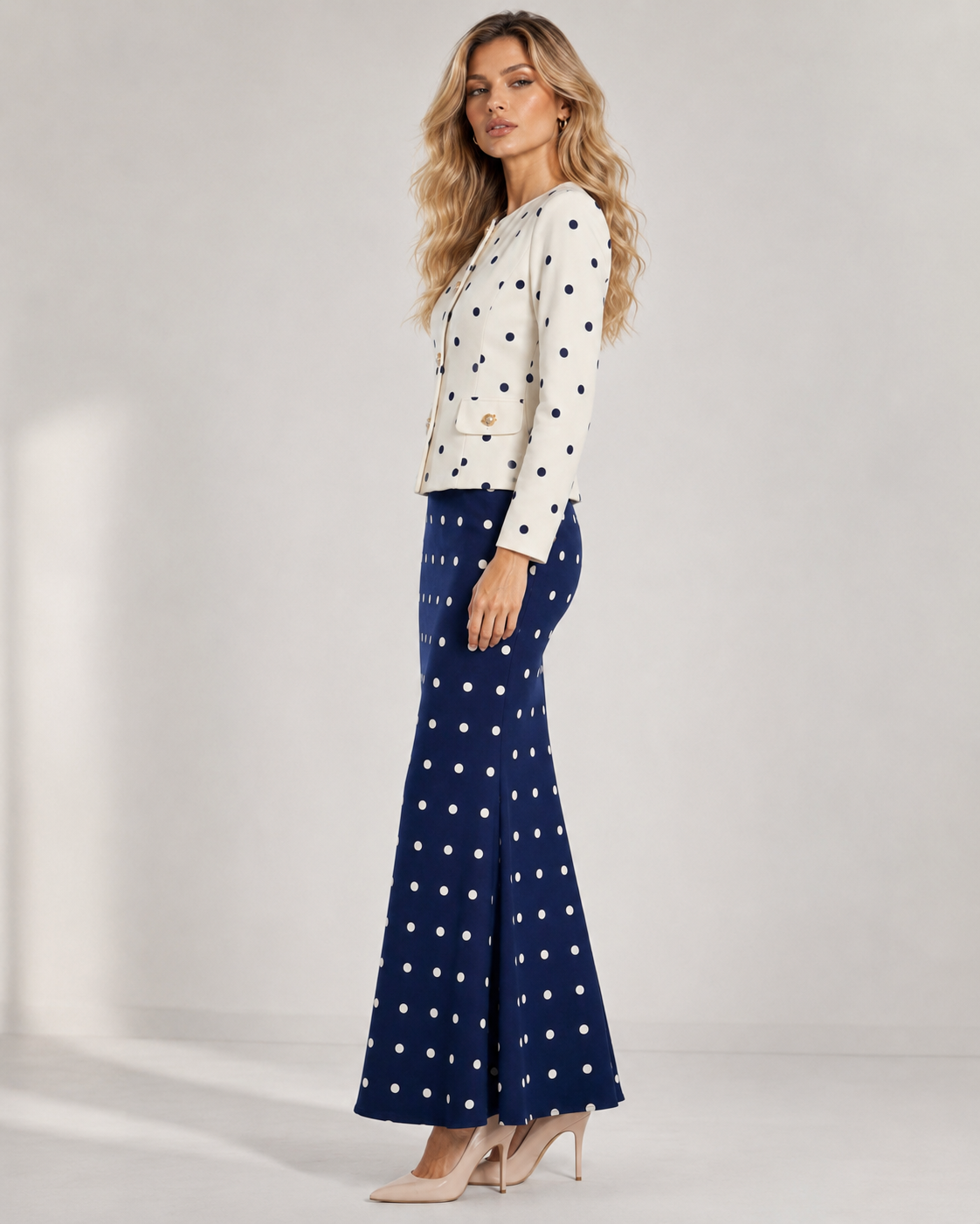 Compleu Elegant cu Buline — Taior Chanel și Fustă — Iris