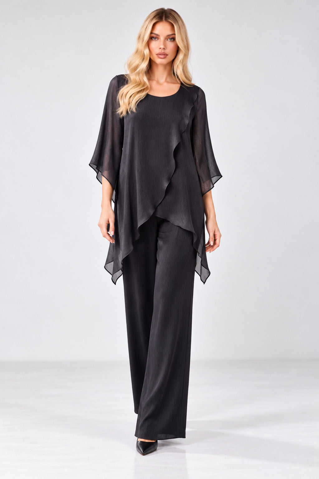 Compleu damă elegant cu pantaloni largi și bluză asimetrică – negru